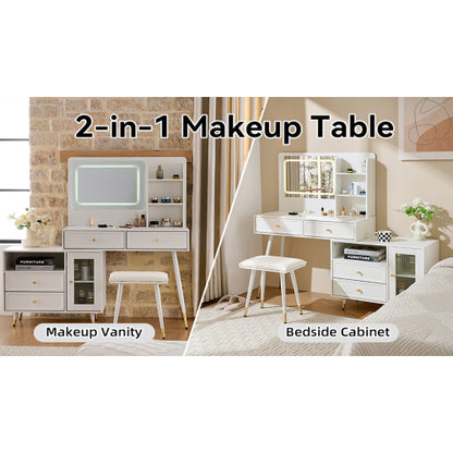 White Expandable Vanity Desk with LED Lighted Mirror, Adjustable Position Side Cabinet, Power Strip & Storage Drawers