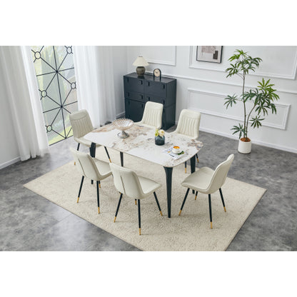 Set of 2 White Leathaire Tech Fabric Dining Chairs, Black Semi-Gloss Metal Leg Gold Trim Adjustable Non-Slip Feet Vertical Stitch High Back