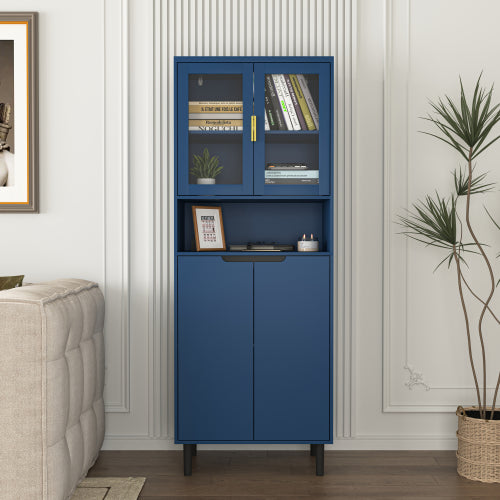 Navy Blue 4-Door Adjustable Tempered Glass Tall Storage Bookcase Cabinet