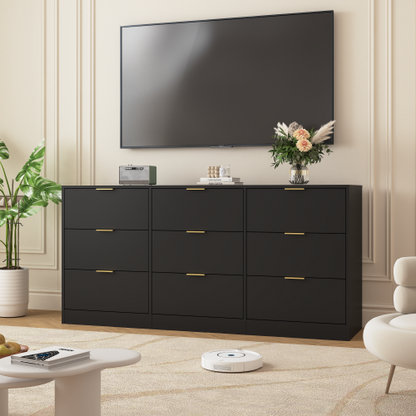 Black 9 Drawer Dresser, 63" Large Deep Chest of Drawers, Wooden Dresser Storage Cabinet with 9 Drawers for Bedroom, Long Dressers for Living Room, Hallway