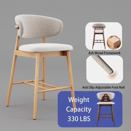 Solid Ash Wood Counter Stools with Upholstered Seats, Set of 2, Oak