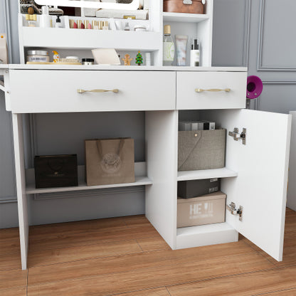 Vanity Desk with LED Mirror Lights and Power Outlet Charging Station, Makeup Dressing Table with 3 Drawers, 7 Shelves and Storage Stool, for Girls and Women (White)