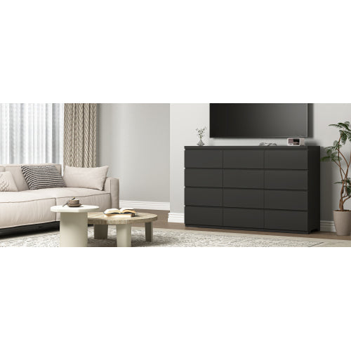 12 Drawers Double Dresser, Modern Wood Dresser Chest of Drawers with Large Storage Space for Bedroom, Black