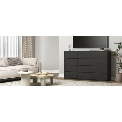 12 Drawers Double Dresser, Modern Wood Dresser Chest of Drawers with Large Storage Space for Bedroom, Black