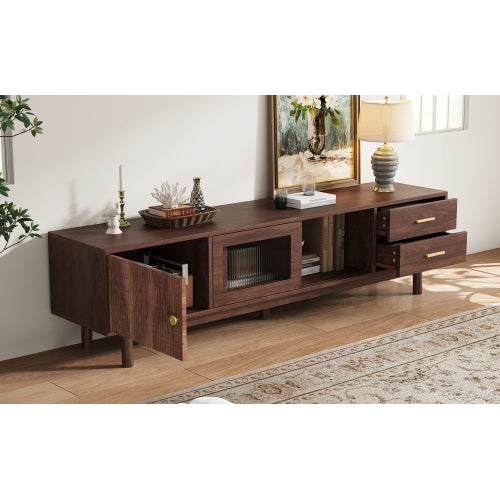 70.86 inch Dark Brown Mid Century Wave Glass Sliding Door TV Stand Pine Leg Console For 80 inch TV