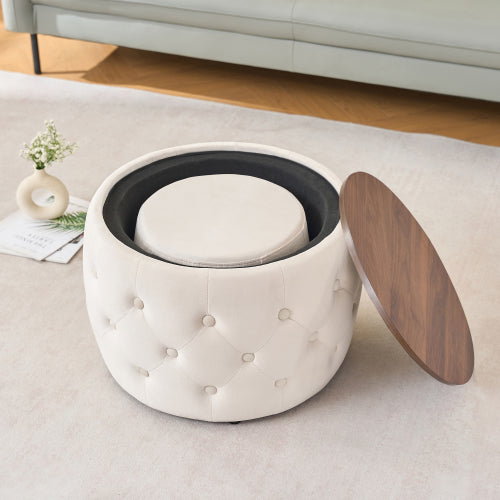 Beige 2-Piece Velvet Nesting Storage Ottoman Set, 4-in-1 Round Foot Stool with Wood Tray, Fully Assembled