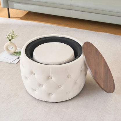 Beige 2-Piece Velvet Nesting Storage Ottoman Set, 4-in-1 Round Foot Stool with Wood Tray, Fully Assembled