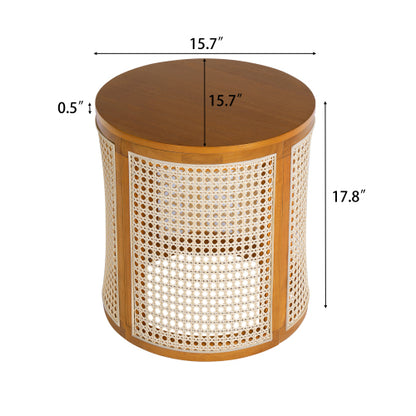 Ochre Round Rattan End Table, 15.7 Inch Woven Side Table with Rubber Wood Top, Small Accent Table for Bedroom Living Room