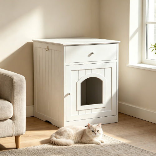 White Wooden Cat Litter Box Enclosure, Multi-Functional Nightstand Side Table