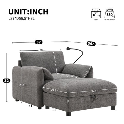 37 inch  Modern Cloud Chenille Armchair with Storage Ottoman, Charger & Phone Holder