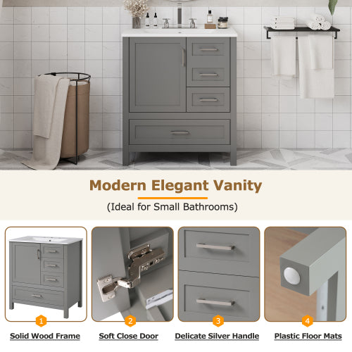 30" Gray Bathroom Vanity with Sink Combination Set, Bathroom Storage Cabinet with Soft Close Door, 3 Soft Close Drawers and Removable Tray, Solid Wood Frame