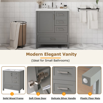 30" Gray Bathroom Vanity with Sink Combination Set, Bathroom Storage Cabinet with Soft Close Door, 3 Soft Close Drawers and Removable Tray, Solid Wood Frame