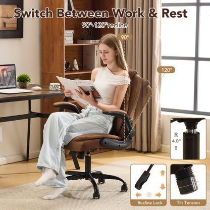 Leather Office Ergonomic Home Office Desk Chair, Back Support Swivel Executive Office Chair with Wheels and Flip-Up Armrests, Small Gaming Chair with Adjustable Rocking Function, Brown