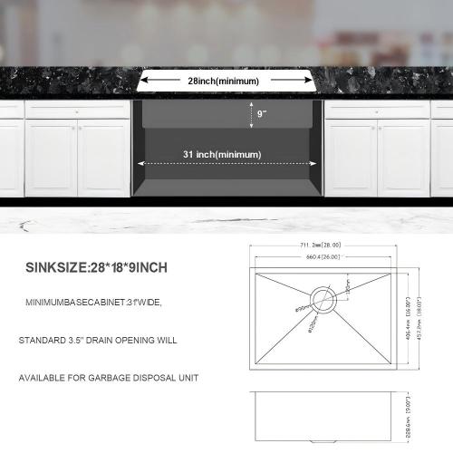 28 Inch Undermount Sink - 28" x 18" x 9" Undermount Stainless Steel Kitchen Sink 16 Gauge 9 Inch Deep Single Bowl Kitchen Sink Basin, Includes Drain Assembly (No Additional Accessories)