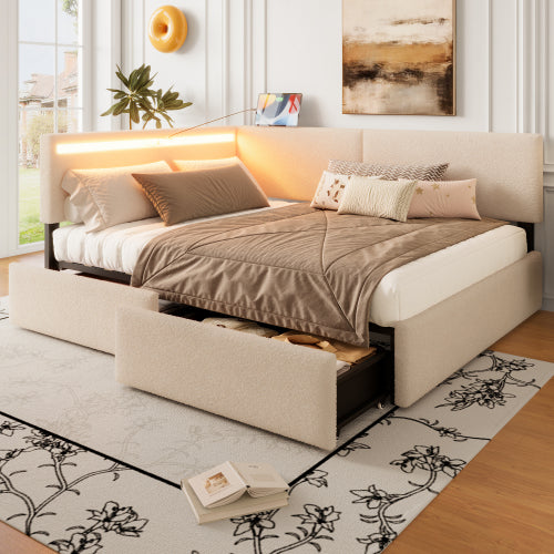 Twin Size Boucle Bed Frame, Upholstered Cloud Bed Frame with Headboard, with 2 Storage Drawers, LED light and USB Charging Design, Solid Wood Legs and Slats, No Box Spring Needed, Beige