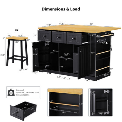 53inch Large Kitchen Island with 2 Bar Stools, Power Outlet,Door Internal Storage Rack, Kitchen Storage Cart on 5 Wheels with Drop Leaf, 5 Open Side Racks, 3 Drawers, for Kitchen,Dining Room,Black