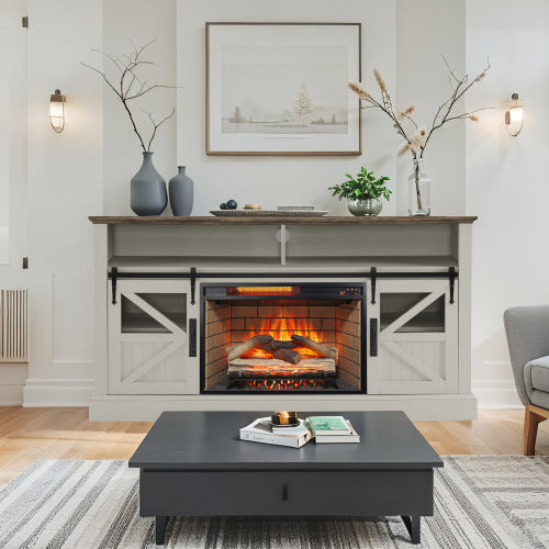 60 Inch Electric Fireplace Entertainment Center With Door Sensor-Jasmine white color