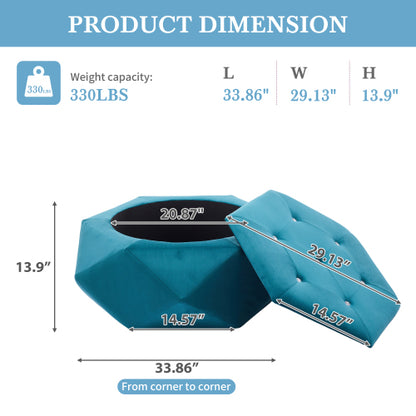 Blue Velvet Polygon Diamond Tufted Storage Ottoman, 34 inchL Lift Top Footrest with Hidden Storage Space