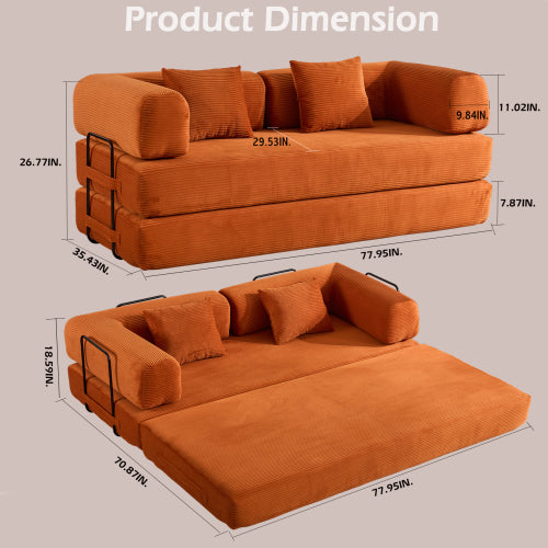 Orange Corduroy Convertible SofaBed with FixedShape Reinforced Metal Frame