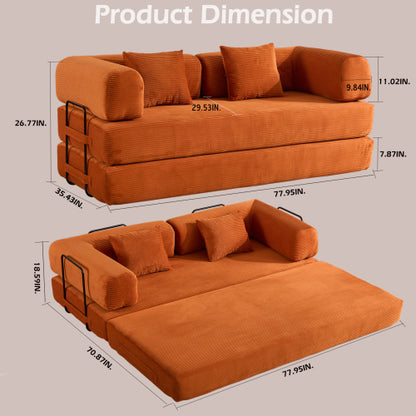 Orange Corduroy Convertible SofaBed with FixedShape Reinforced Metal Frame
