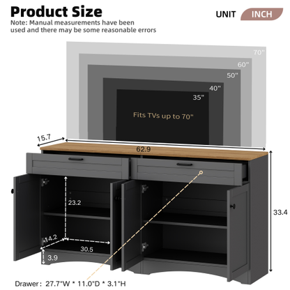 Grey Farmhouse Multi-functional TV Console With Drawers Adjustable Storage Sideboard