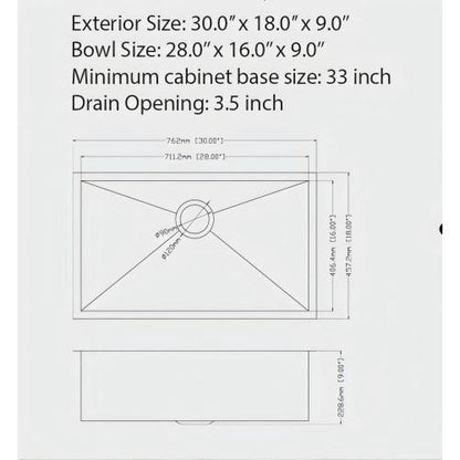 30"x18"x9" Gunmetal Black Undermount Kitchen Sink 16 Gauge Single Bowl with Drain Assembly