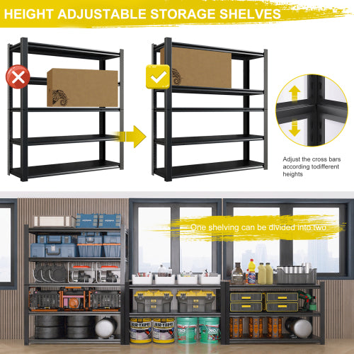 59inch Wide Black Metal Shelves with 5 Removable Dividers Large Capacity Strong Load Bearing for Garage