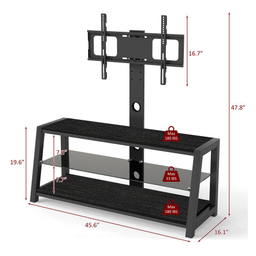 Black Swivel TV Stand Mount 30¡ã Rotatable Height Adjustable 3-Tier Tempered Glass Media Console with Power Socket