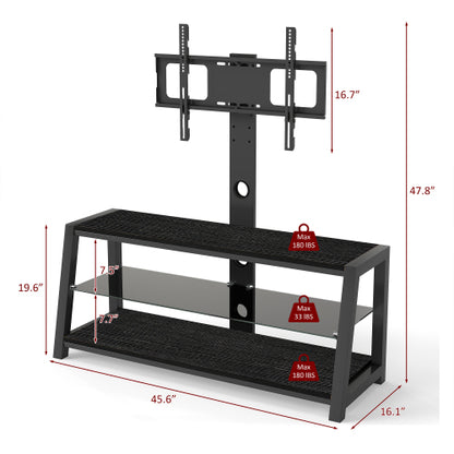Black Swivel TV Stand Mount 30¡ã Rotatable Height Adjustable 3-Tier Tempered Glass Media Console with Power Socket