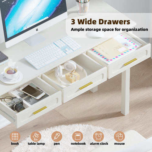 Cream White Vanity Desk with 3 Drawers, Modern Makeup or Writing Desk, Multipurpose Dressing Table for Bedroom, No Mirror Included