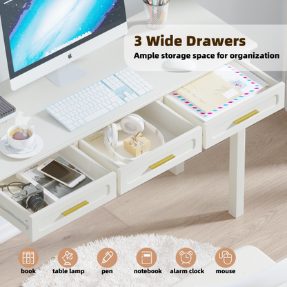 Cream White Vanity Desk with 3 Drawers, Modern Makeup or Writing Desk, Multipurpose Dressing Table for Bedroom, No Mirror Included