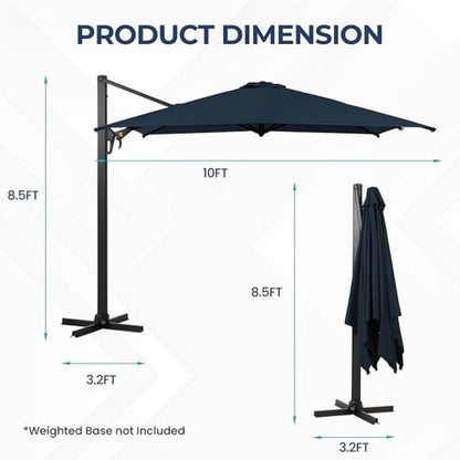 10 Ft Blue Square Large Cantilever Patio Umbrella with 360° Rotation & Tit Adjustment and Heavy Duty Offset Polyester Canopy Deck Umbrella without base.