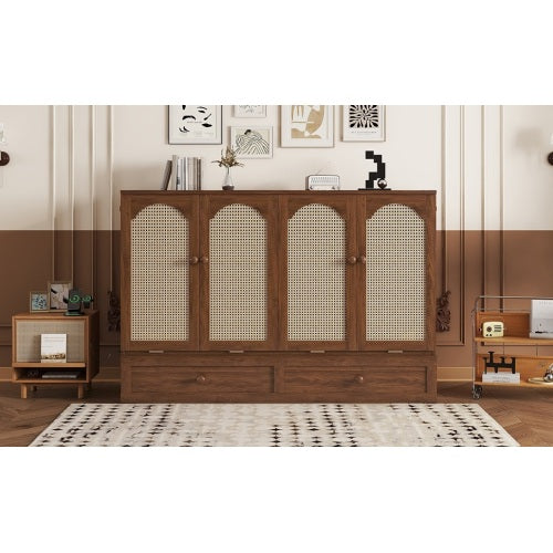 Queen Murphy Cabinet Bed with Charging Station Drawer and Rattan Panels Walnut