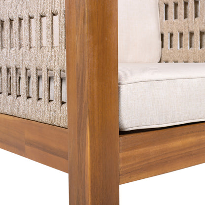 Acacia Wood Outdoor Club Chair with Beige Rope Arm and Beige Cushions,400 lbs Capacity