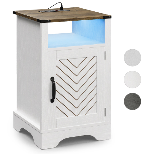 LED Nightstand with Charging Station, Farmhouse Wooden Side Table with Cabinet and Shelf