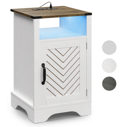 LED Nightstand with Charging Station, Farmhouse Wooden Side Table with Cabinet and Shelf