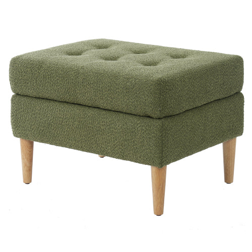 Olive Green Boucle Upholstered Ottoman, Tufted Footrest with Solid Rubber Wood Legs, 350 LBS Weight Capacity