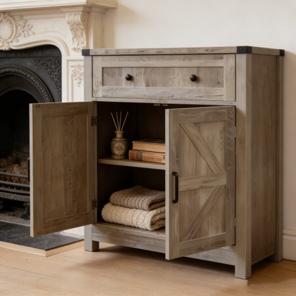 Light Gray-Washed Wood Farmhouse Barn-Door Storage Cabinet, Coffee Bar Buffet Sideboard with Drawer for Kitchen & Living Room