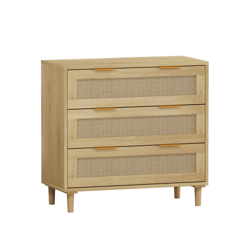 Oak Color 3-Drawer Rattan Storage Cabinet Set of 2 MDF Household Drawer Chest With Iron Handles