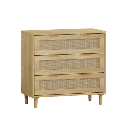 Oak Color 3-Drawer Rattan Storage Cabinet Set of 2 MDF Household Drawer Chest With Iron Handles