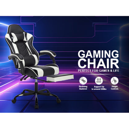 Gaming Chair with Footrest, Ergonomic Computer Chair with Headrest and Lumbar Support, Breathable Material Height Adjustable Video Game Chairs for Adults, Black White