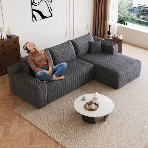 95 inch  Dark Grey Plush Corduroy U-Shaped Cloud Modular Sofa, No Assembly