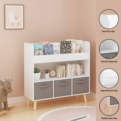 White Gray Kids Bookshelf With 3 Removable Fabric Bins Toy Book Organizer