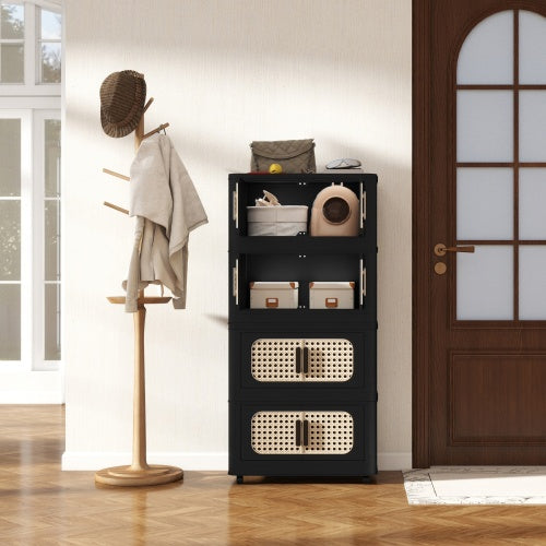 Retro Black 4 Tier Folding Storage Cabinet with Wheels Collapsible Magnetic Door 20 Inch