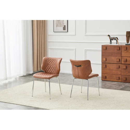Set of 2 Brown Crazy Horse Oil Wax Leather Dining Chairs, Electroplated Metal Leg Diamond Tuft High Back Chairs