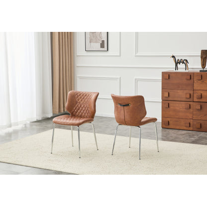 Set of 2 Brown Crazy Horse Oil Wax Leather Dining Chairs, Electroplated Metal Leg Diamond Tuft High Back Chairs
