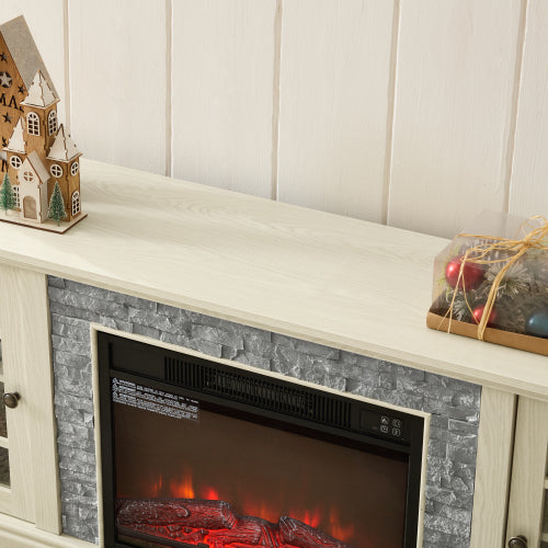 70 Inch TV Stand with 23 Inch Electric Fireplace Faux Stone White Console