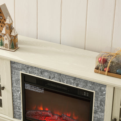 70 Inch TV Stand with 23 Inch Electric Fireplace Faux Stone White Console