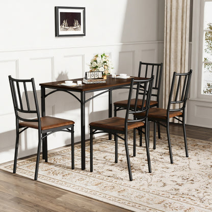 4-Piece Walnut Industrial Dining Set, Table & 4 PU Benches