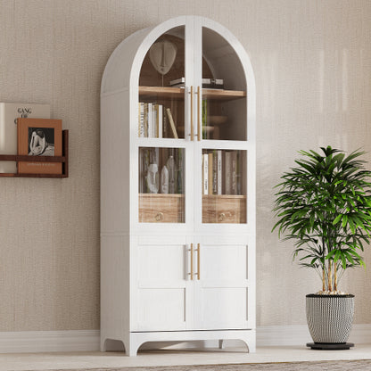 71inch  Arched Kitchen Pantry Cabinet with Glass Doors White